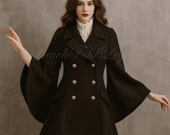 Women’s Brown Military Wool Peacoat Cape Coat Jacket | Double Breasted Vintage A-Line Winter Cloak