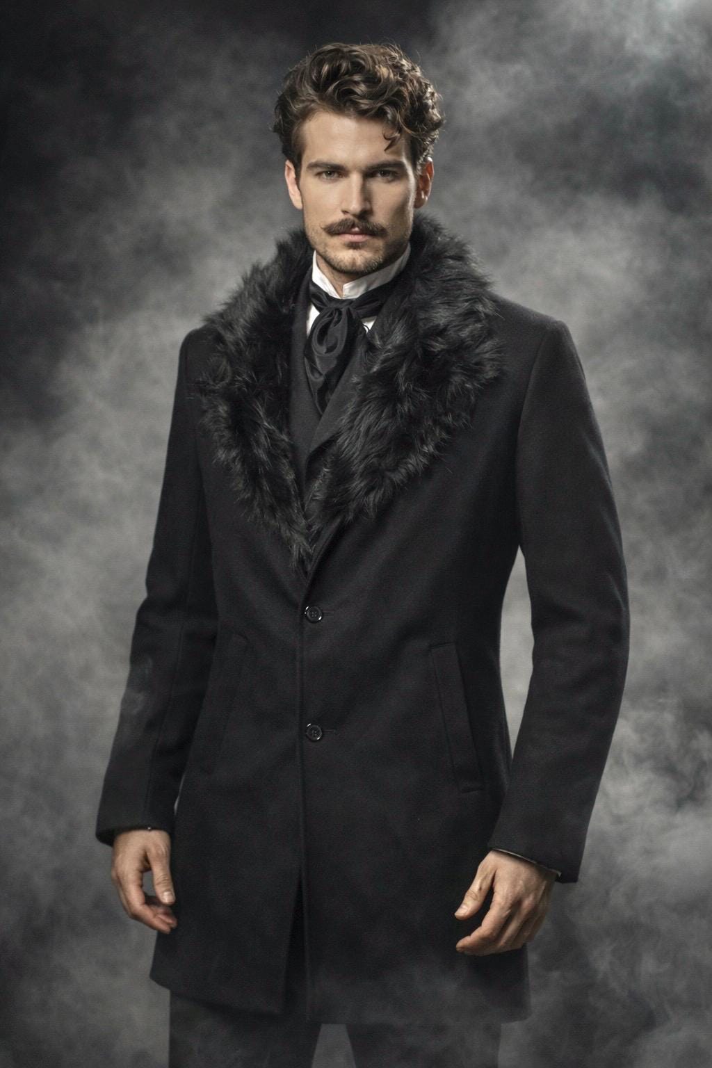 Men's Black Wool Coat With Faux Fur Collar, Winter Long Overcoat