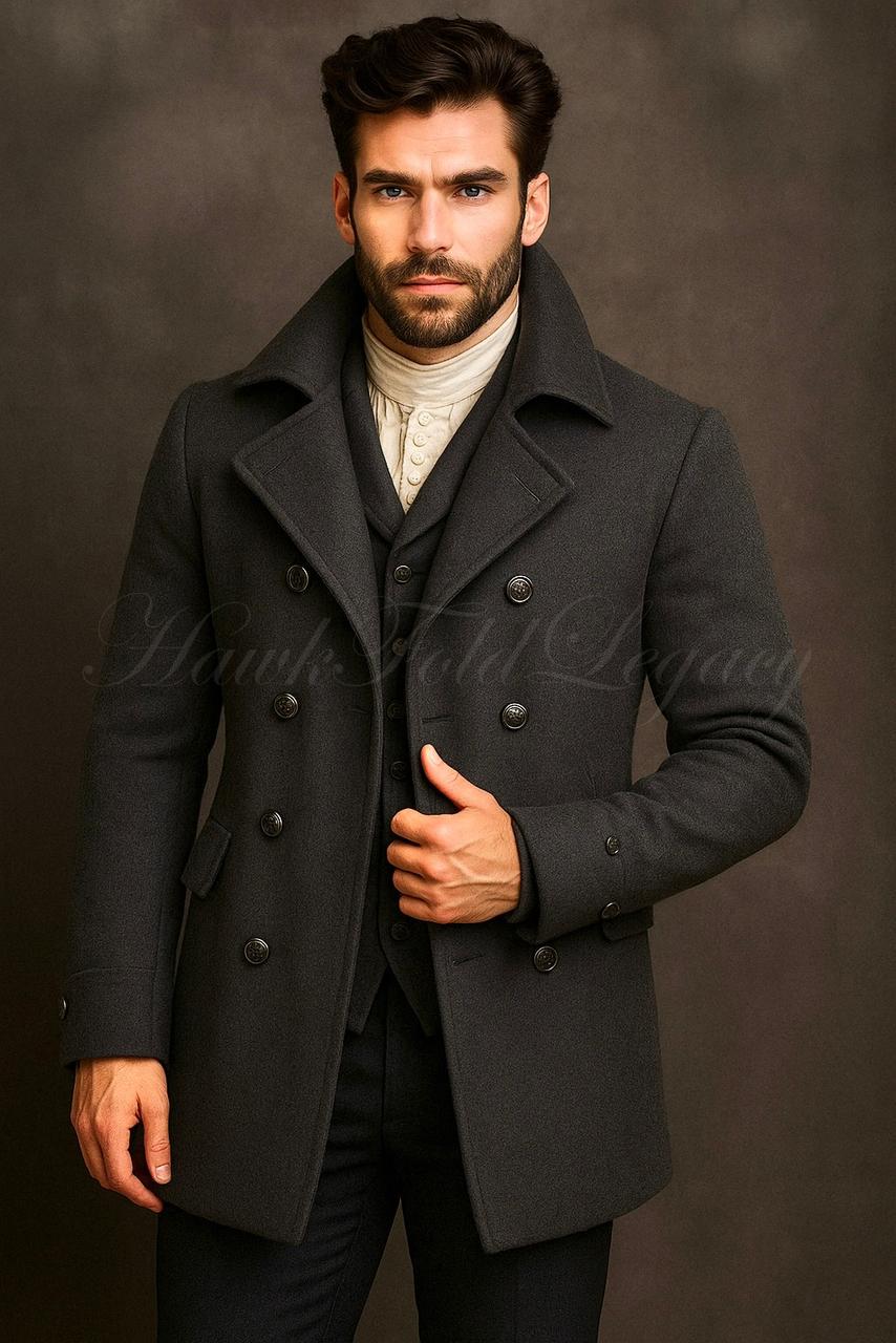 Men's Victorian Steampunk Black Wool Peacoat, Vintage Gothic Style