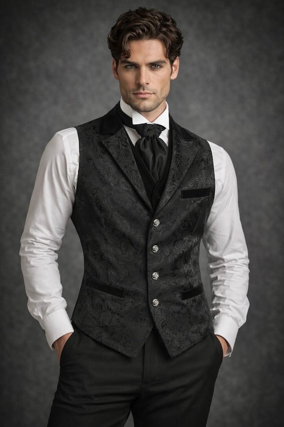 HYDE着　PEAKED LAPEL JACQUARD VEST Victorian Gothic Black Jacquard Vest for Men, Vintage Steampunk