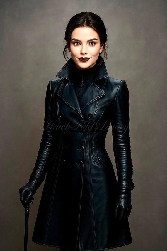 Gothic Steampunk Black Leather Trench Coat For Women, Vintage Vampire Cosplay Costume