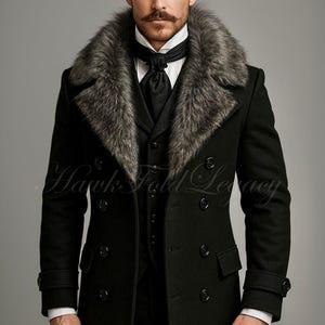 May include: A black double-breasted overcoat with a gray fur collar. The coat has a tailored fit, button details, and a classic design. The image also shows a black tie and vest. The text "Hawk-Fold Legacy" is visible on the coat.
