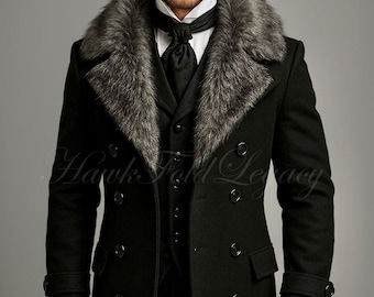 May include: A black double-breasted overcoat with a gray fur collar. The coat has a tailored fit, button details, and a classic design. The image also shows a black tie and vest. The text "Hawk-Fold Legacy" is visible on the coat.