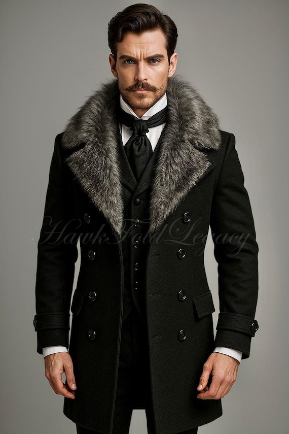 Men’s Victorian Black Wool Tailcoat Faux Fur Collar, Gothic Steampunk Double Breasted Winter Overcoat