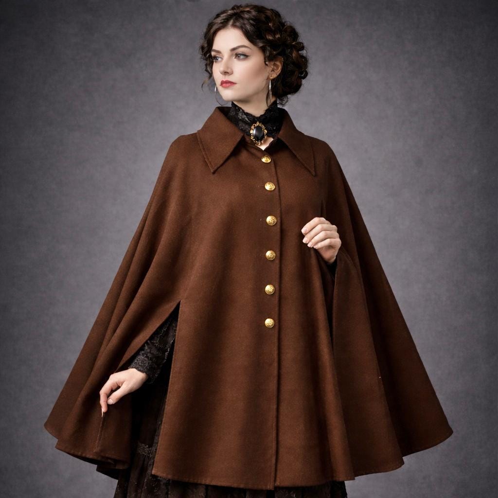 Women's Victorian Gothic Wool Cloak Cape, Vintage Steampunk