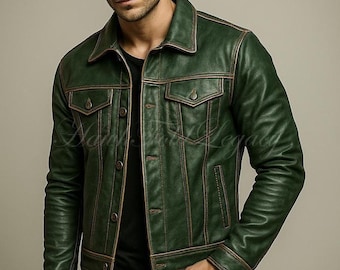 Jaqueta de couro verde masculina para motociclista, casaco de inverno vintage retrô feito à mão