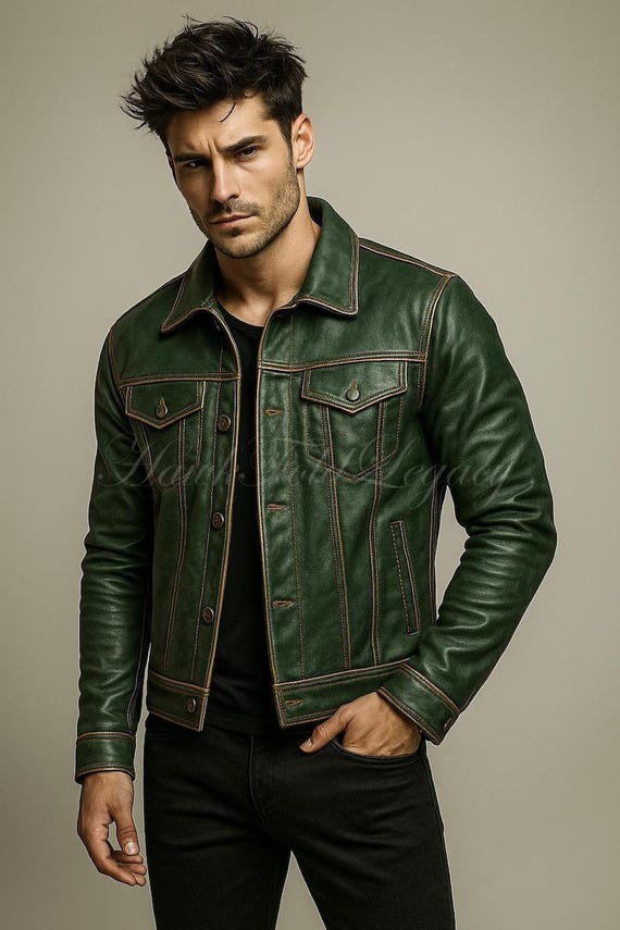 Men’s Green Leather Biker Moto Trucker Jacket, Handmade Vintage Retro Winter Coat