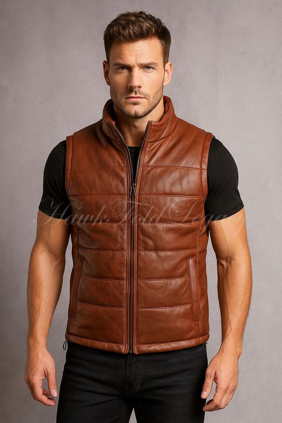 Men’s Brown Sheepskin Leather Puffer Vest, Sleeveless Biker Moto Casual Jacket, Handmade Vintage Retro