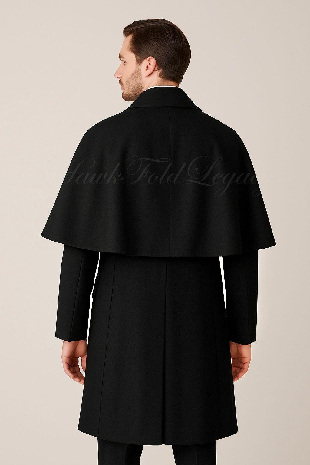 Men's Victorian Black Wool Cape Coat, Gothic Cloak Overcoat
