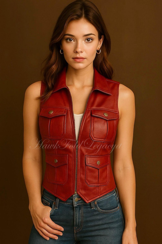 Handmade Red Sheepskin Leather Vest: Biker Moto Festival Style