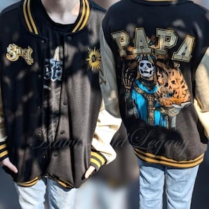 Ghost Band Papa Emeritus IV Varsity Jacket – Black & Cream Vintage Bomber Coat with Skull Pope Artwork, Rock Band Fan Apparel
