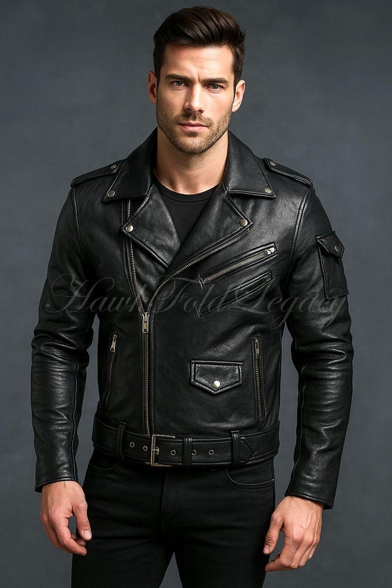 Men’s Black Leather Biker Moto Jacket, Vintage Slim Fit Motorcycle Cafe Racer Bomber Strretwear