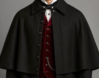 Men's Victorian Black Wool Cape Coat, Gothic Cloak Overcoat