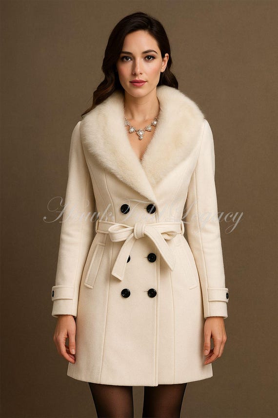 Women's White Wool Winter Long Trench Coat with Fur Collar, Double-Breasted Overcoat