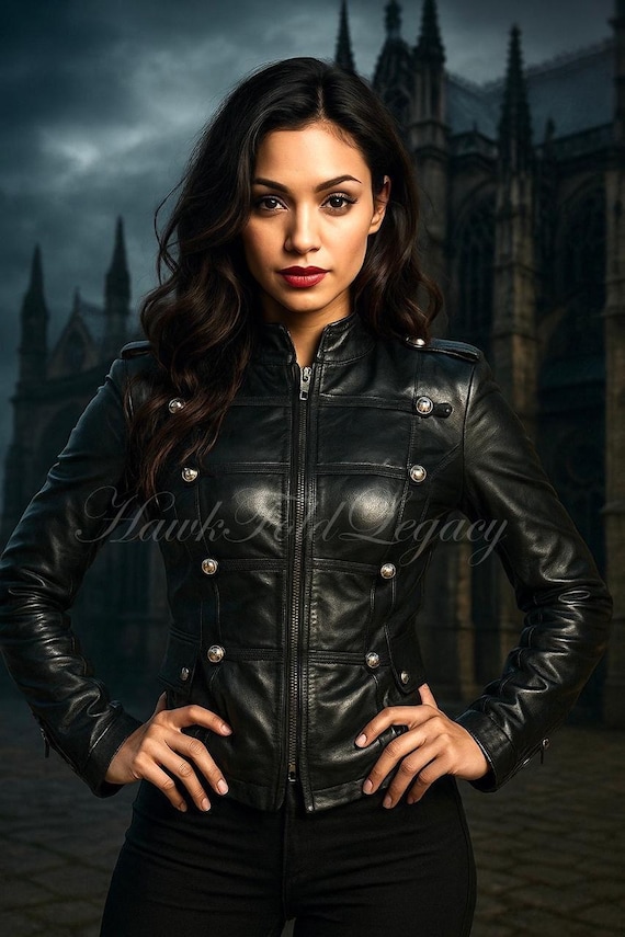 Women’s Gothic Steampunk Military Black Leather Jacket Coat, Victorian Style Outerwear, Dark Academia Fashion