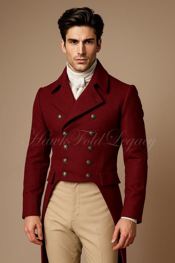 Men's Maroon Wool Victorian Tailcoat: Steampunk Regency Jacket