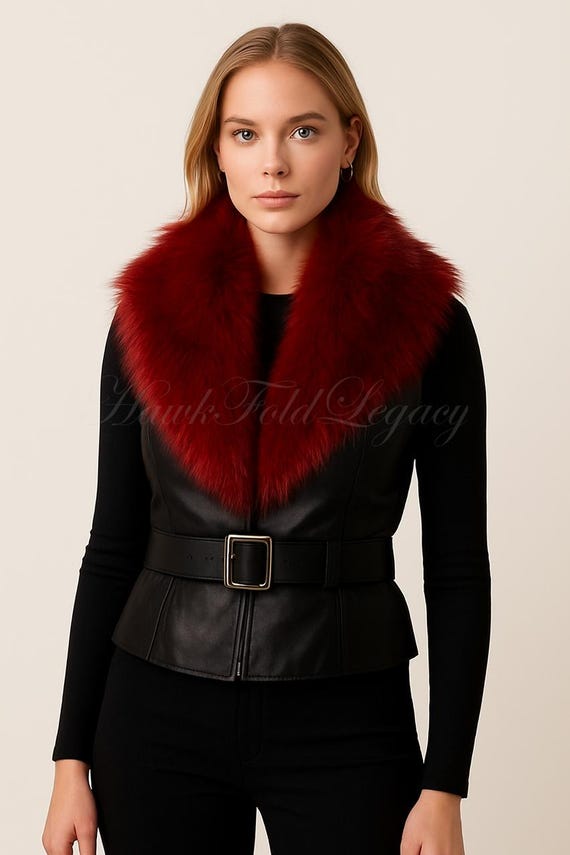 Vintage Black Leather Vest: Red Faux Fur Collar, Moto Biker Style
