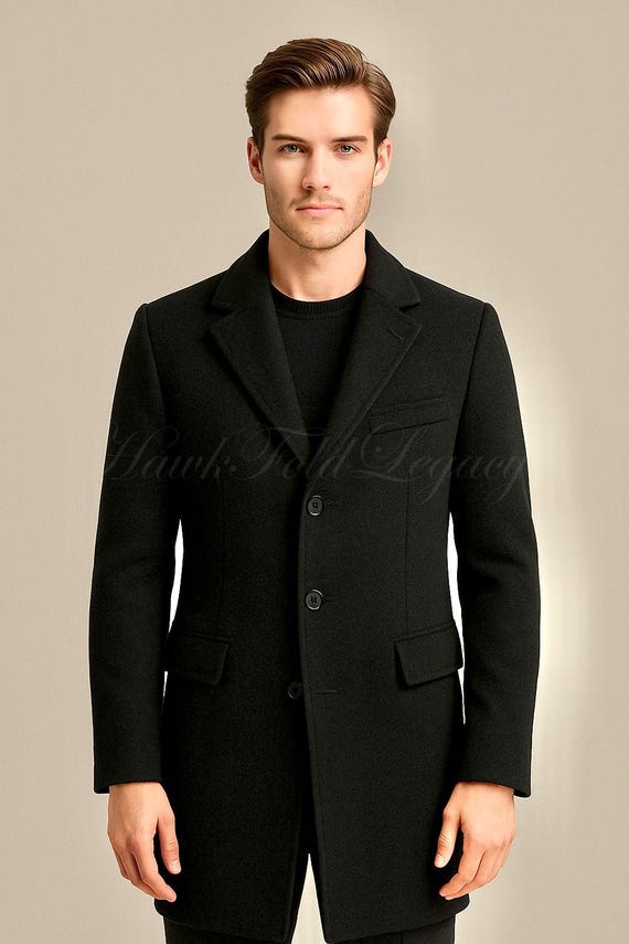 Men’s Black Wool Long Overcoat, Slim Fit Formal Winter Dress Tailored Coat Long Jacket