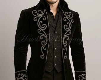 Men’s Black Victorian Steampunk Gothic Style Long Tailcoat Jacket, Vintage Regency Renaissance Fashion Overcoat