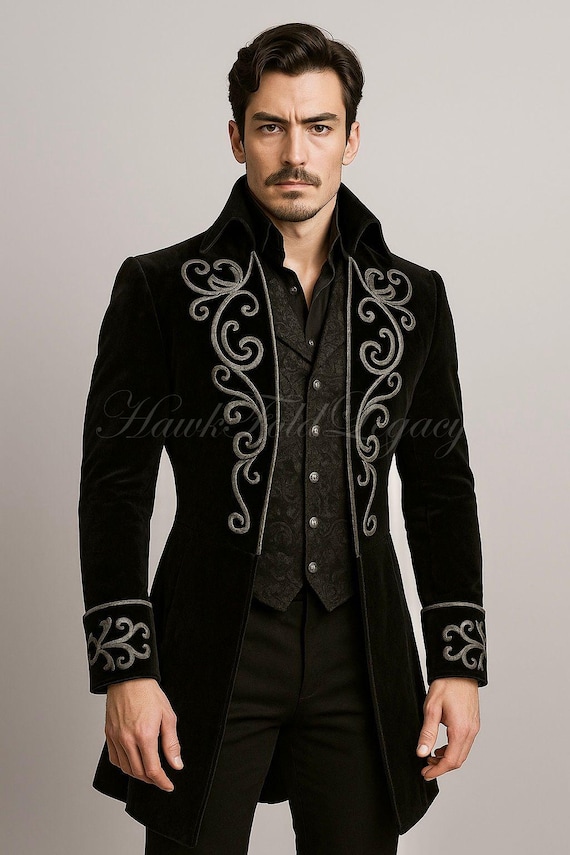 Men’s Black Victorian Steampunk Gothic Style Long Tailcoat Jacket, Vintage Regency Renaissance Fashion Overcoat
