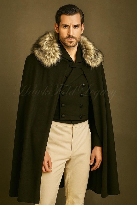 Men’s Wool Cloak Coat Fur Collar, Vintage Victorian Gothic Steampunk Cape Coat, Medieval Cosplay