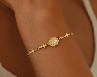 Pulsera de la Virgen María con cadena de cruz dorada, joyería religiosa católica de acero inoxidable, regalo para mujer.