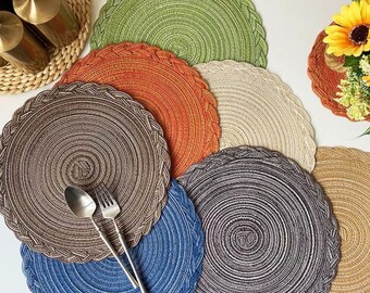 Set of 4 Round Woven Placemats, Boho Scalloped Ramie Table Decor