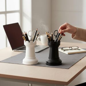 Chess Piece Pen Holder Desk Organiser Pencil Cup Stationery Storage Pot Black White Office Decor Gift for Chess Player Teacher Student Gamer