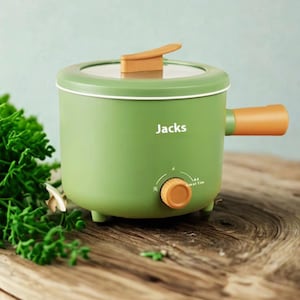 May include: A green electric cooking pot with a clear glass lid and a tan handle. The pot has a control knob and the word "Jacks" printed on the front. The pot is on a wooden surface.