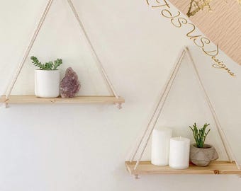 Estante colgante de madera reciclada, macramé de cuerda triangular, decoración estilo granja bohemia