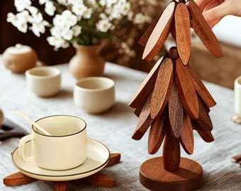 Juego de salvamanteles plegables de nogal negro con soporte de árbol – Decoración de cocina para platos calientes