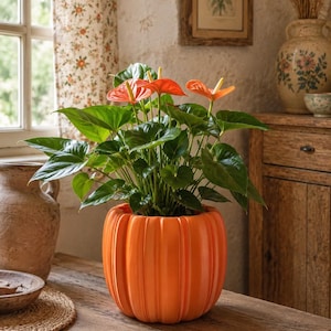 Può includere: Pianta di anthurium in un vaso arancione a forma di zucca. La pianta ha grandi foglie verdi e fiori arancioni vibranti. Il vaso è appoggiato su un tavolo di legno in un ambiente rustico, con una finestra e tende floreali sullo sfondo.