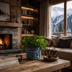 Può includere: Un accogliente soggiorno con un tavolino in legno, una fioriera blu strutturata con piante verdi e una candela accesa. Un camino e una finestra con vista sulle montagne sullo sfondo. I libri sono impilati sul tavolo.