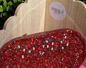 Bandeja de decoração natalina vermelha com glitter