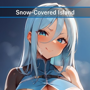 Könnte beinhalten: Anime-Illustration eines Charakters mit hellblauen Haaren und Augen. Der Charakter trägt ein blaues Outfit und hat einen leicht anzüglichen Ausdruck. Der Text "Snow-Covered Island" wird in einem blauen Feld oben angezeigt.