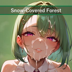 Könnte beinhalten: Anime-Illustration einer Person mit grünen Haaren und rosa Augen. Das Gesicht der Person ist teilweise mit einer weißen Flüssigkeit bedeckt. Der Text "Snow-Covered Forest" wird in einem grünen Rechteck oben im Bild angezeigt.