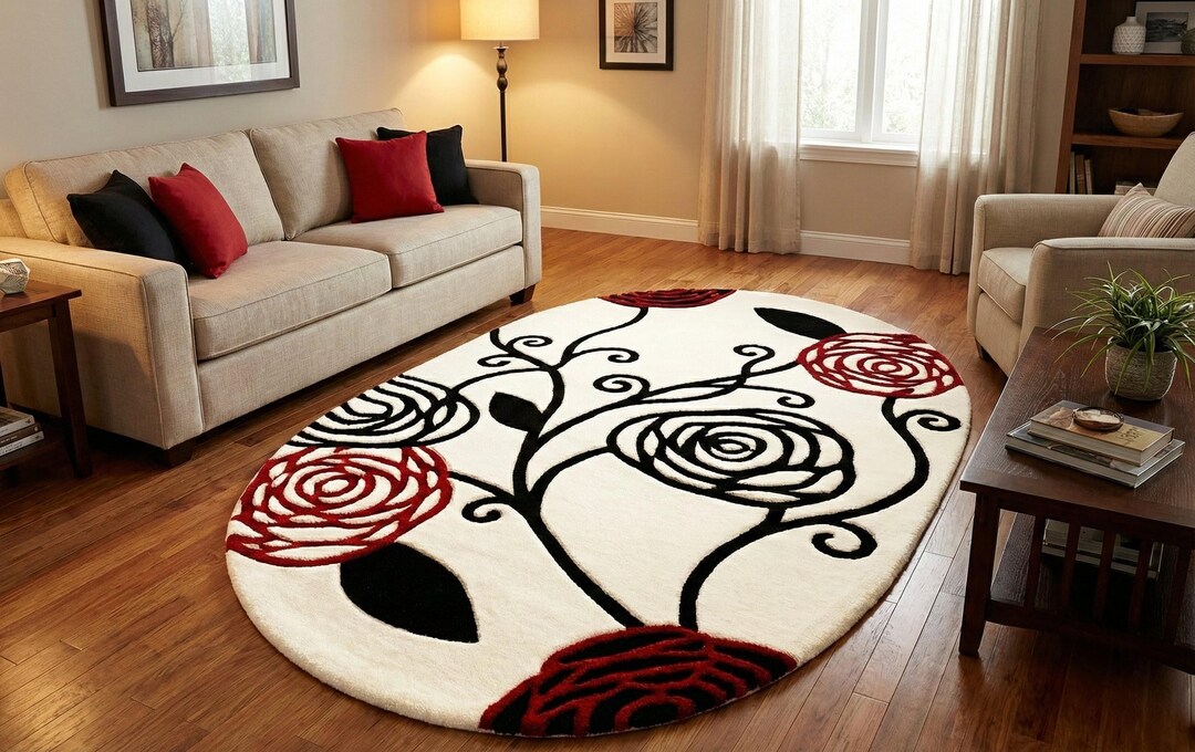 Handmade Tufted Floral Rug Red Black White Rose Carpet Modern Round ...