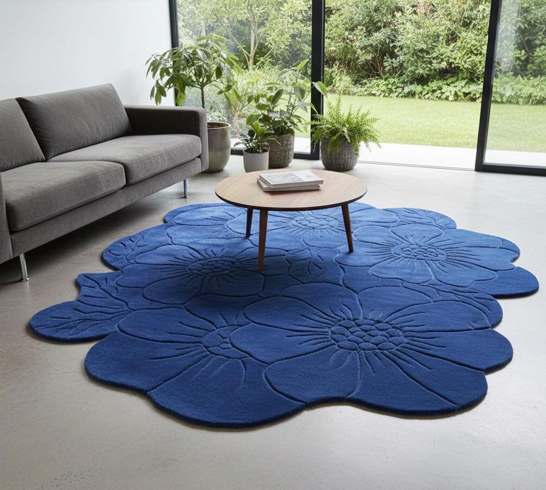 Blue Flower Tufted Rug Handmade Floral Area Rug Modern Living Room ...