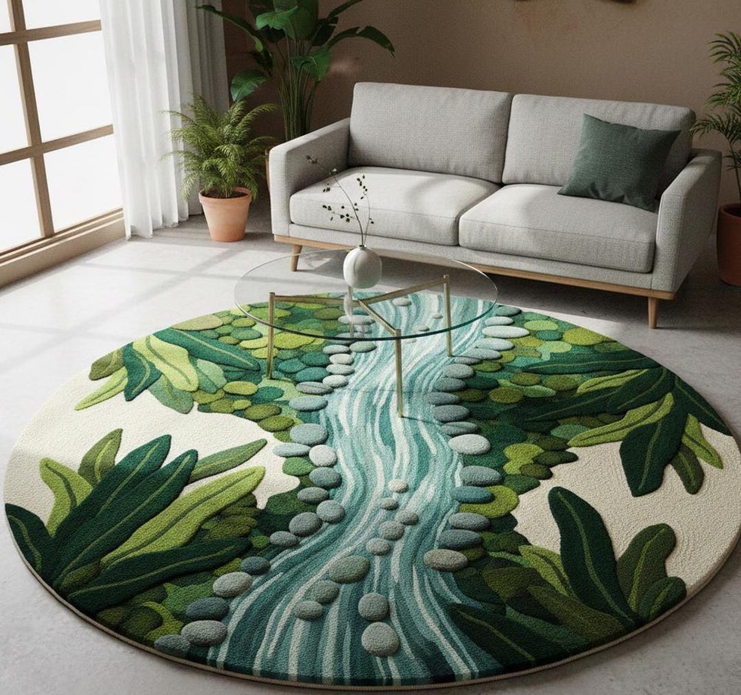 Crystalriver Rug Hand Tufted Round Rug 3D River and Stone Design Luxury Botanical Area ...