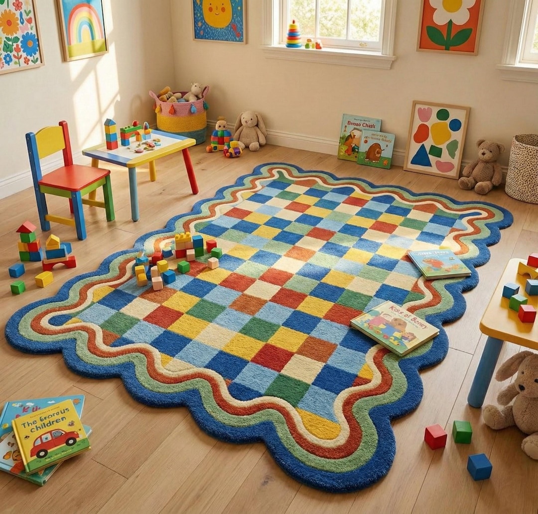 Colorful Kids Tufted Rug Handmade Checkered Nursery Rug Playroom Area ...
