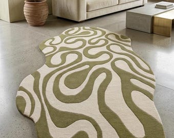 Modern Sage Green Hand Tufted Rug, Abstract Irregular Wool Area Rug, Handmade Gift