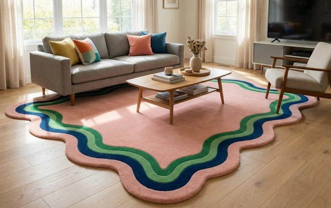 Hand Tufted Wavy Rug Pink Irregular Shape Area Rug Funky Danish Pastel ...