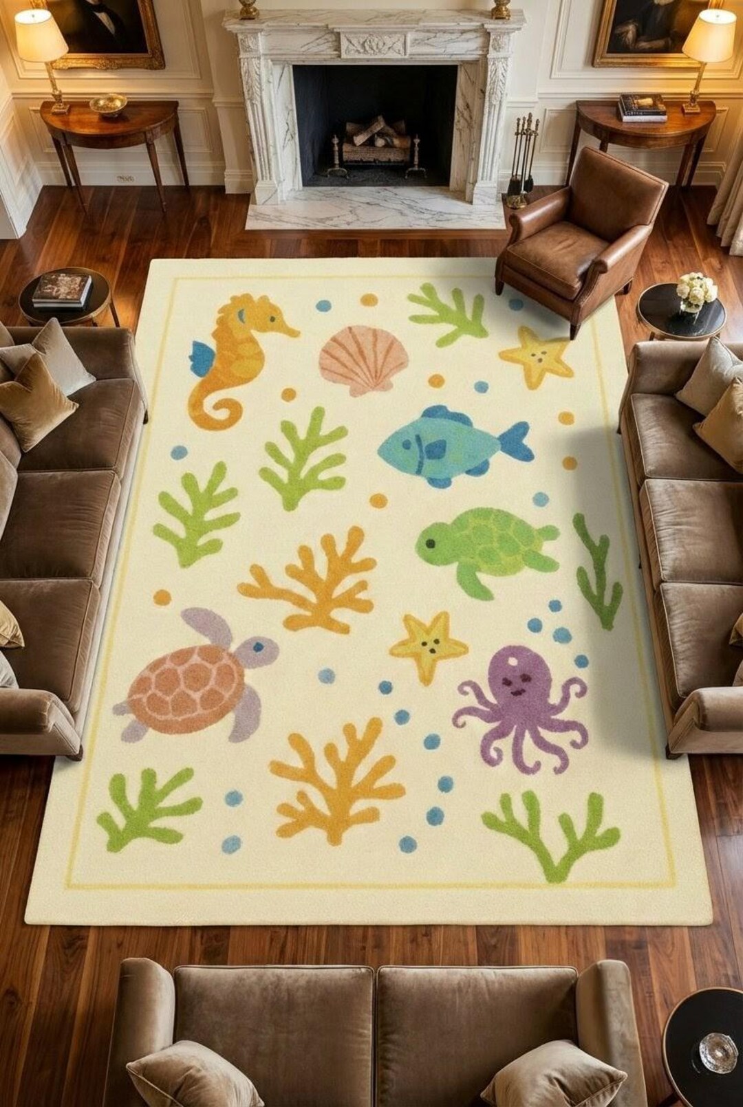 Luxury Handmade Tufted Ocean Theme Rug, Coastal Nursery Rug, Seahorse ...