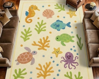 Hand-Tufted Wool Ocean Animals Rug, Coastal Nursery Area Carpet
