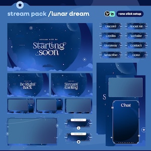 Könnte beinhalten: Ein digitales Stream-Paket mit Mond-Thema. Das Design hat ein dunkelblaues Farbschema mit himmlischen Elementen. Der Text enthält "Starting Soon", "Be Right Back", "Stream Ending" und verschiedene Social-Media-Buttons.