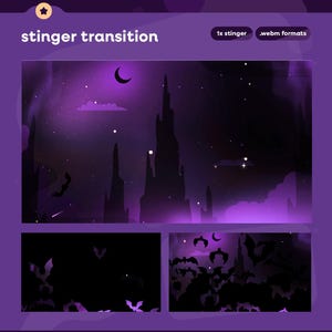 以下が含まれることがあります： 白字で「stinger transition」と書かれたデジタルグラフィック。三日月、星、コウモリとゴシック様式の構造物のシルエットが描かれた紫色の夜空が特徴です。追加パネルにはコウモリのシルエットが表示されています。