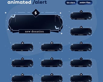 May include: Animated alert graphics with a dark blue and black color scheme. The graphics include text labels for "new donation," "like," "share," and more. The design features a bat and star motifs, with the text "animated / alert" at the top.