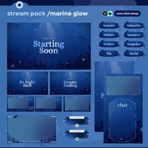 May include: A digital stream pack with a marine theme. The design features a deep blue colour scheme with underwater elements. Includes screens for "Starting Soon", "Be Right Back", and "Stream Ending", plus social media buttons.