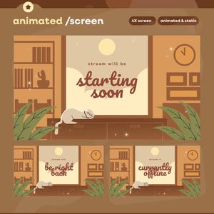 Op de afbeelding: Geanimeerd schermontwerp in warme tinten, met een kat, klok en tekst met de tekst "stream will be starting soon". Andere schermen tonen "be right back" en "currently offline".