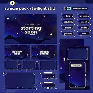 May include: A digital stream pack with a twilight theme. The design features a dark blue and purple colour scheme with stars and mountain silhouettes. Text includes "starting soon", "be right back", and "stream ending".